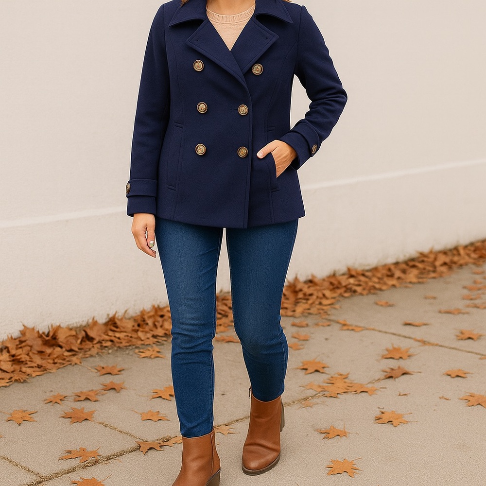 THREAD & SUPPLY Blue 35% Wool Double‎ Breasted Pea Coat Size XS Preppy Neutral
